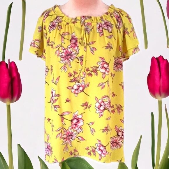 COUNTERPARTS TOP BLOUSE MEDIUM ALL OVER FLORAL PRINT FLUTTER SLEEVES - Picture 1 of 5